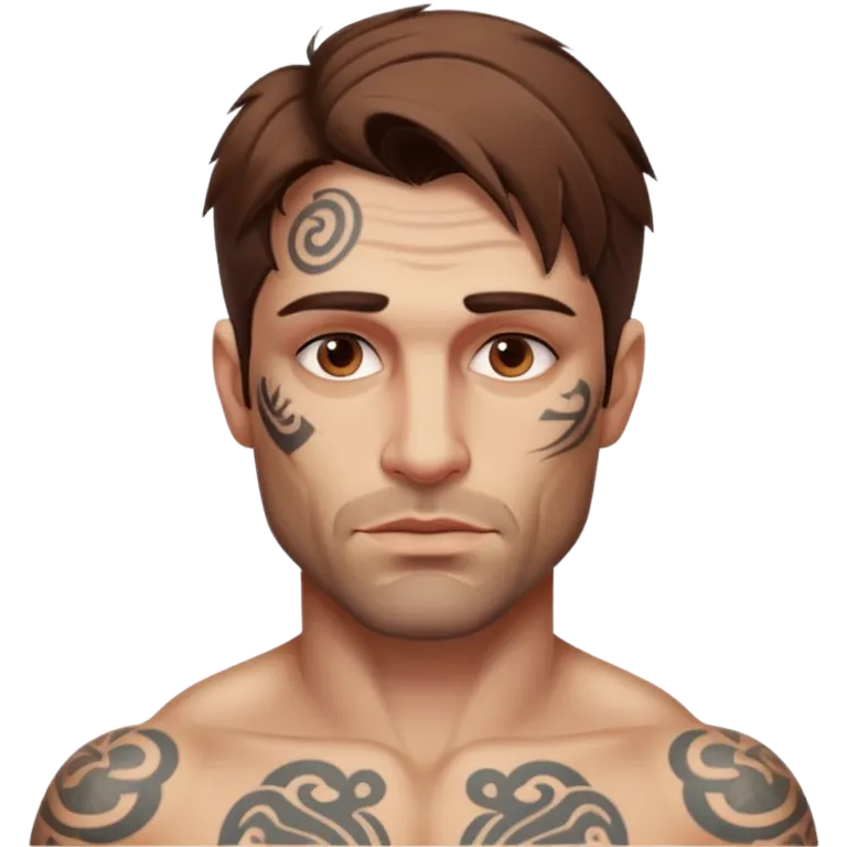sexy italian man, 38 years old, brown hair and a rough face with a wrinkle or two, tattoos on his body, but emoji is only from the chest upward. topless! emoji