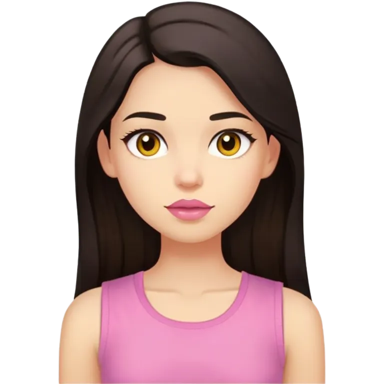 Create image that look like the girl in the photo. The girl has to have long dark hair, dark brown eyes, light skin color, medium sized pink lips, light yellow tight sleeveless shirt emoji