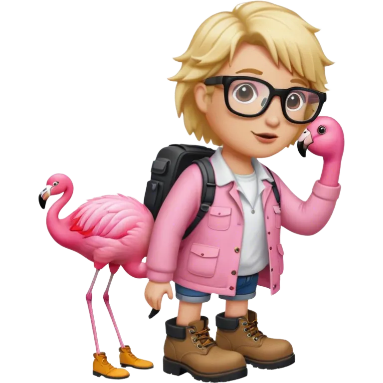 Flamingo with work boots and bushy blond hair and eye glasses emoji