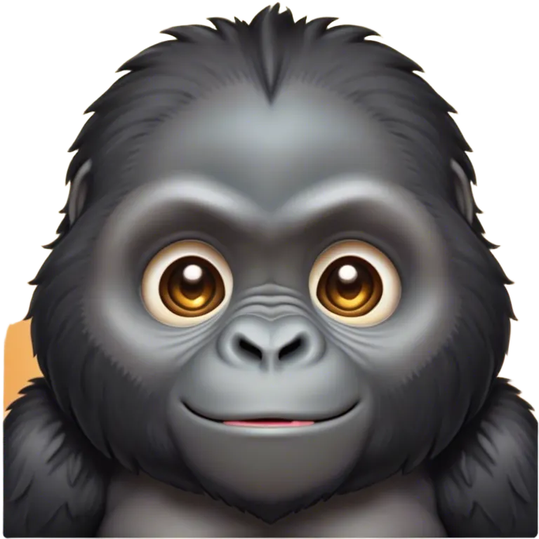 Cinematic Cute Gorilla Portrait Emoji, Head tilted playfully and inquisitively, with a robust, endearingly soft face accented by tender fur and round, sparkling eyes full of warmth, Simplified yet irresistibly adorable features, highly detailed, glowing with a warm, friendly jungle glow, high shine, affectionate and lively, stylized with a touch of whimsical charm, soft glowing outline, capturing the essence of a mischievous yet loving gorilla that feels like it could lumber out of the screen into your arms! emoji