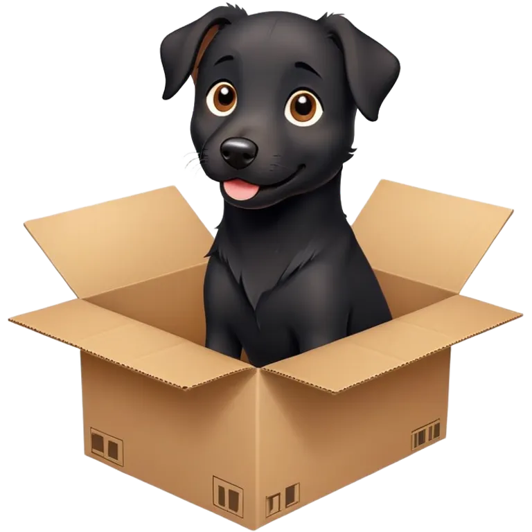  A very cute  young happy black dog with one's head tilted to one side poked its paws out of the cardboard big box and placed them on top of it emoji