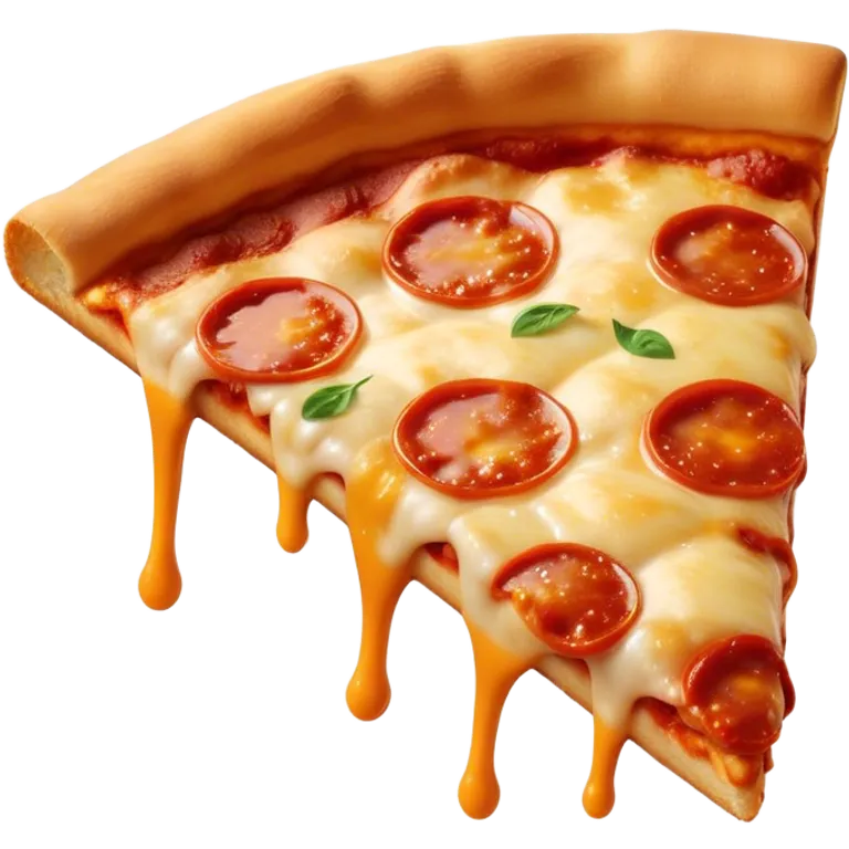 Cinematic cheesy pizza slice, gooey melted cheese stretching as a bite is taken, crispy golden crust, rich tomato sauce, vibrant toppings, warm glowing background, inviting and delicious. emoji
