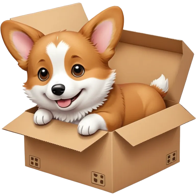  A very cute young corgi  with one's head tilted to one side poked its paws out of the cardboard big box and placed them on top of it emoji