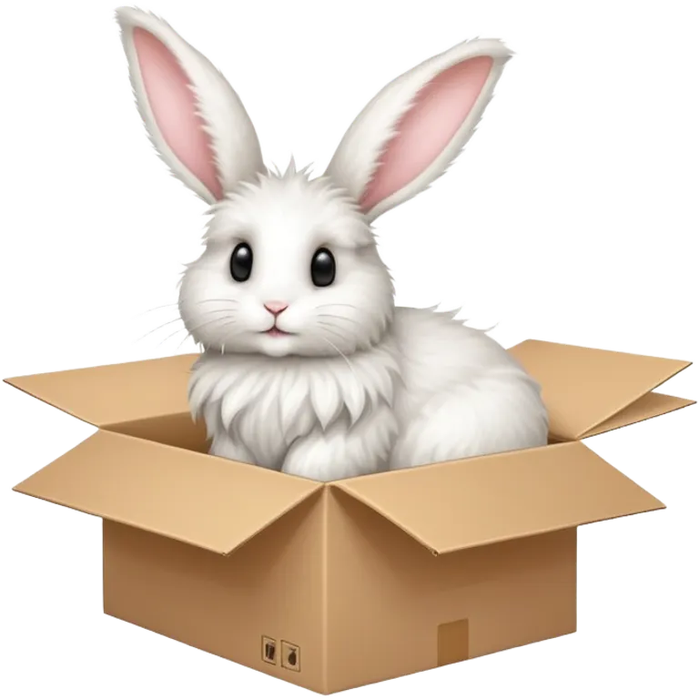  A very cute young Angora long rabbit  with one's head tilted to one side poked its paws out of the cardboard big box and placed them on top of it emoji
