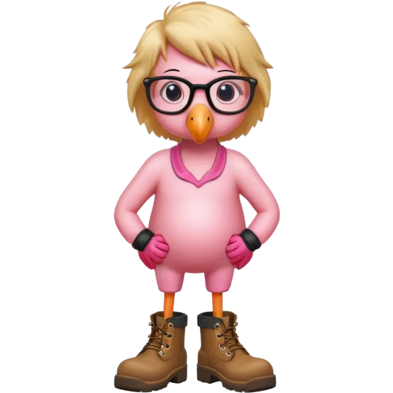 Flamingo with work boots and bushy blond hair and eye glasses emoji