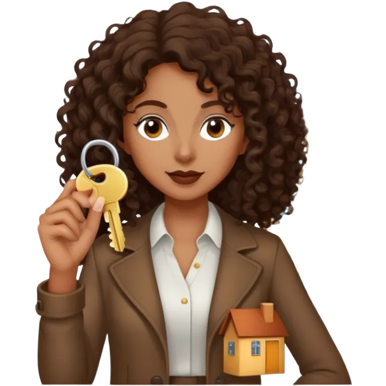 Dark brown lady with medium brown mid length curly hair in real estate job with house and keys emoji