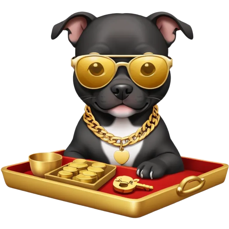 Black pitbull with sunglasses holding a golden tray to put keys on, kind of like one of those Chinese lucky cats but instead a pitbull emoji