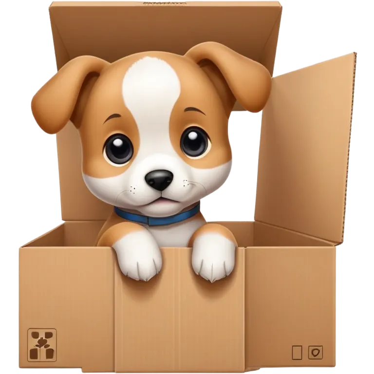  A very cute young puppy  with one's head tilted to one side poked its paws out of the cardboard big box and placed them on top of it emoji