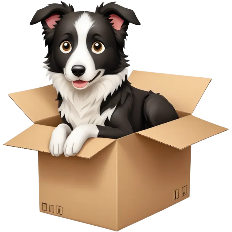  A very cute young Border collie  with one's head tilted to one side poked its paws out of the cardboard big box and placed them on top of it emoji