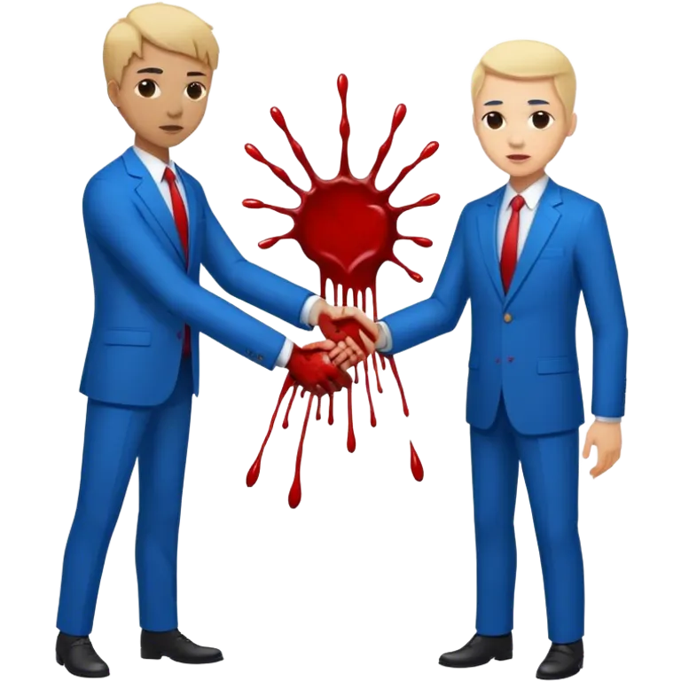 handshake, blood on one of the hands, in blue suits, blood splashes emoji
