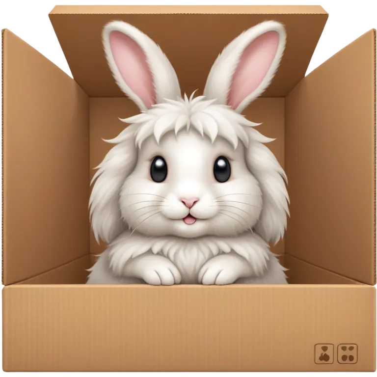  A very cute young Angora long rabbit  with one's head tilted to one side poked its paws out of the cardboard big box and placed them on top of it emoji