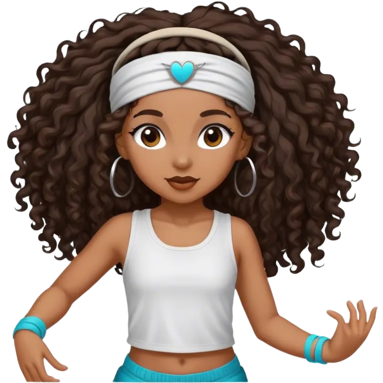 Dancing brown girl with long darn brown curly hair with headband hip hop emoji