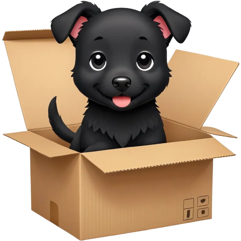  A very cute  young happy black dog with one's head tilted to one side poked its paws out of the cardboard big box and placed them on top of it emoji