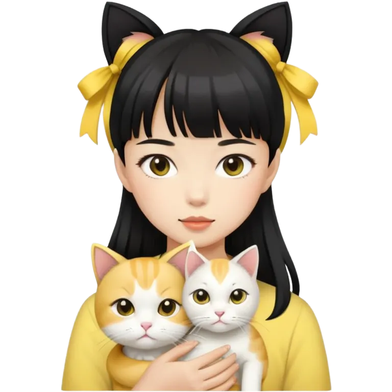 A fair-skinned Asian girl with  bangs and black ponytail hair holding a yellow and withe cat emoji