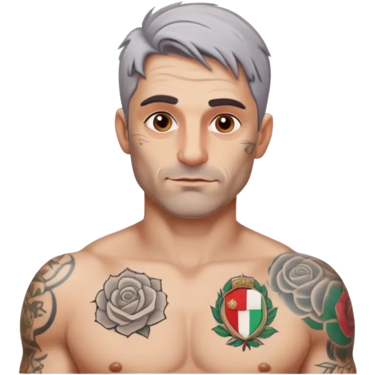 sexy italian man, 38 years old, a bit of grey hair and a rough face with a wrinkle or two, tattoos on his body, but emoji is only from the chest upward. topless! emoji