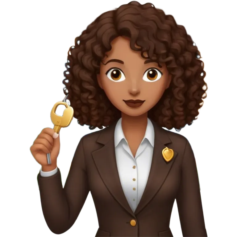 Dark brown lady with medium brown mid length curly hair in real estate job with house and keys emoji