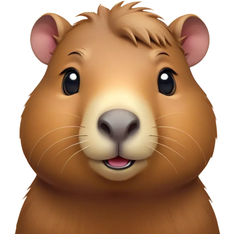 Cinematic Cute Capybara Portrait Emoji, Head tilted playfully and inquisitively, with a delightfully fluffy, rounded form accented by soft, inviting fur and round, sparkling eyes full of charm, Simplified yet irresistibly adorable features, highly detailed, glowing with a warm, friendly glow, high shine, affectionate and lively, stylized with a touch of whimsical cuteness, soft glowing outline, capturing the essence of a mischievous yet loving capybara that feels like it could tumble out of the screen into your arms! emoji