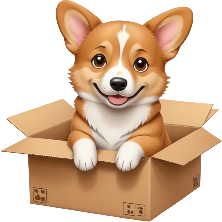  A very cute young corgi  with one's head tilted to one side poked its paws out of the cardboard big box and placed them on top of it emoji