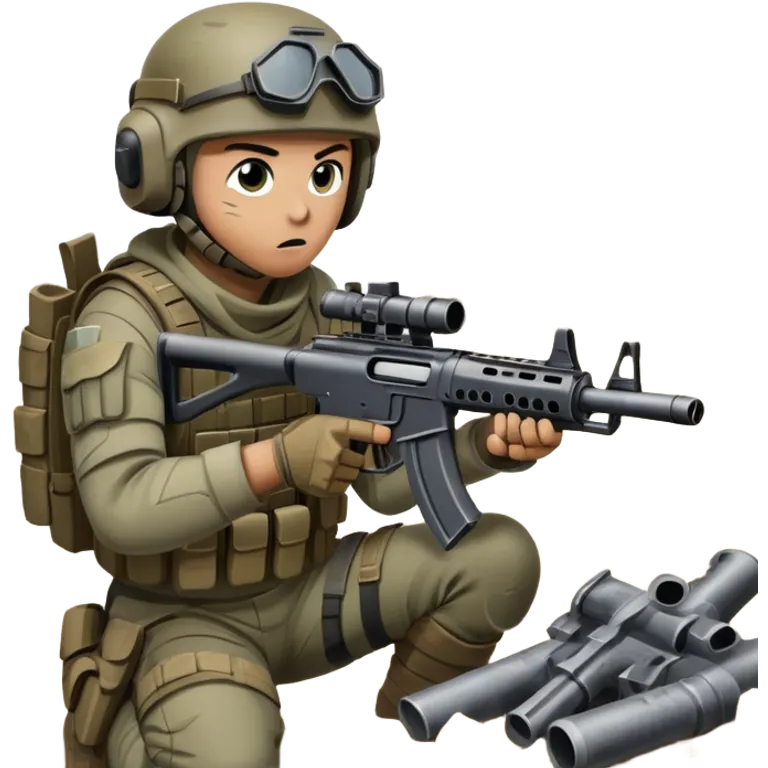A skilled airsoft player in tactical gear, aiming a gun and shooting metal BBs in a desolate, ruined landscape. The setting is filled with broken walls and debris, creating a tense atmosphere of strategy and precision in a high-stakes tactical environment emoji