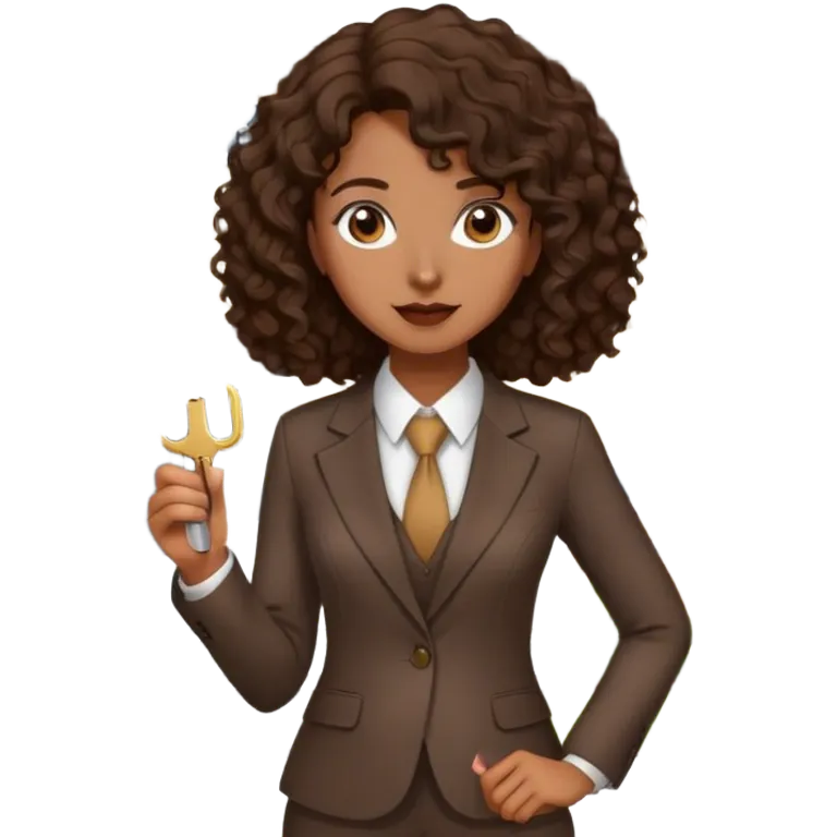 Dark brown lady with medium brown mid length curly hair in real estate job with house and keys emoji