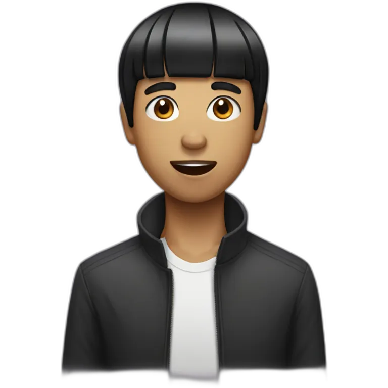 Guy black hair with a bowl cut and his tongue out emoji