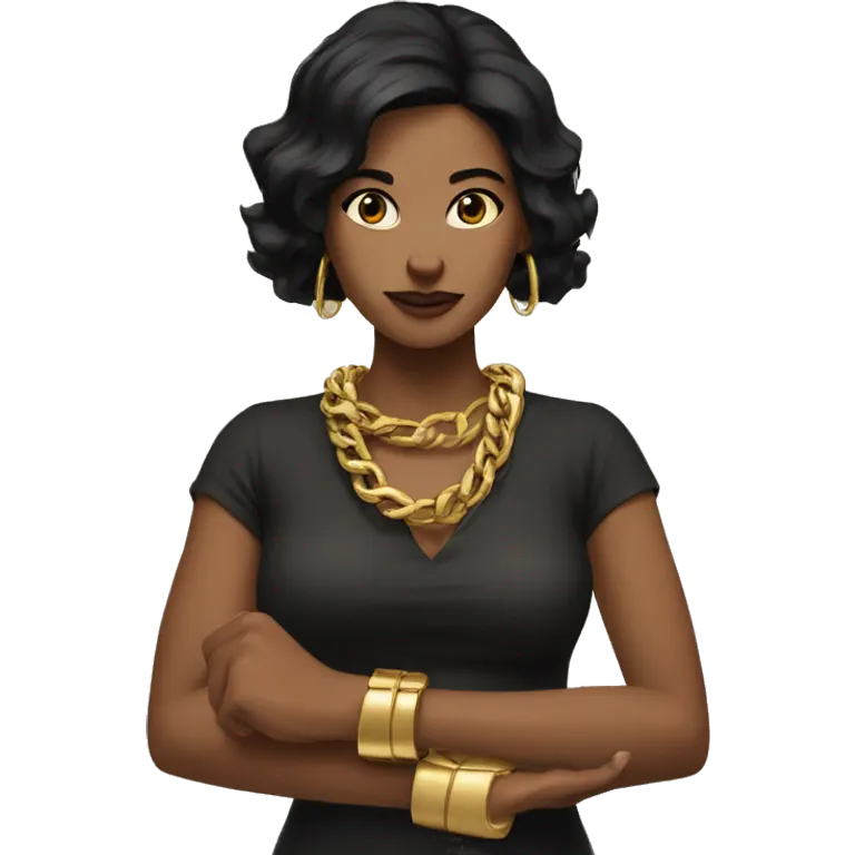 Woman with black hair, arms forming an X. big golden bracelets. emoji