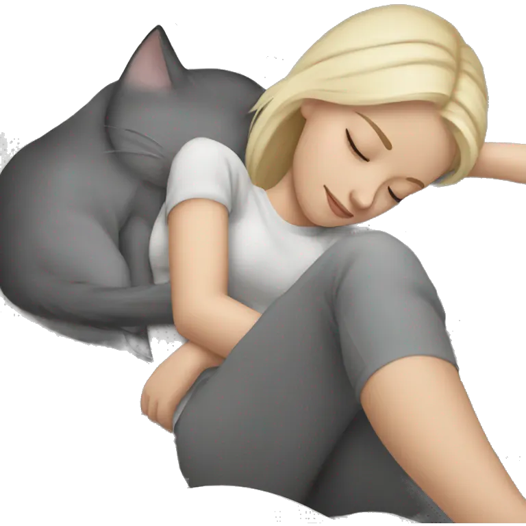 sleeping girl blonde hair laying on her side next to sleeping grey cat  emoji