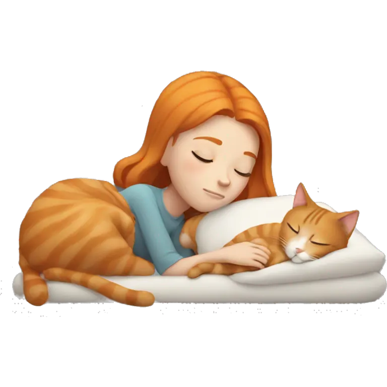 Sleeping ginger girl next to gray cat  emoji