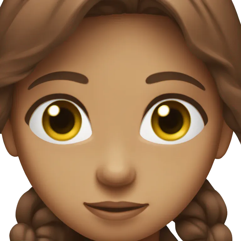 the girl has dark red hair and straight hair she has green eyes she is wearing brown tshirt emoji