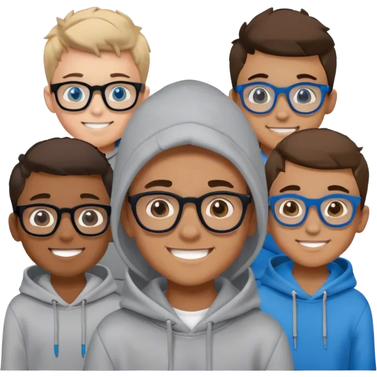 boys in grey hoodies smiling middle has black thick frame glasses and blue eyes emoji