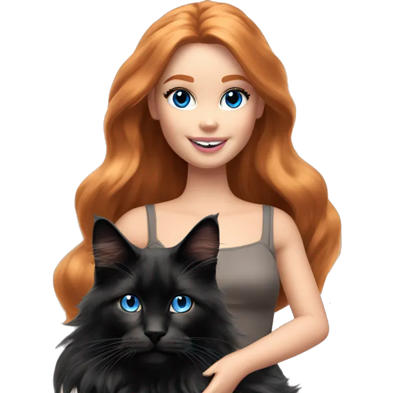 Barbie girl with long ginger hair and blue eyes Holds in her arms Black Maine coon emoji
