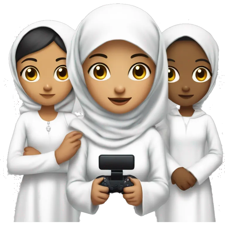 an olive skinned woman wearing hijab with white hijab and white long formal clothes. with black eye and big eye small nose small mouth with a bit long chin . with her nephew and niece . holding a controller playstation. so many actions family members  emoji