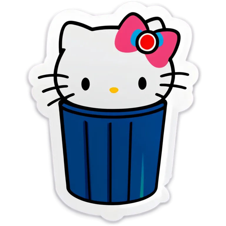 A trash bin that says on text GOODBYEEEE with hello Kitty in it emoji
