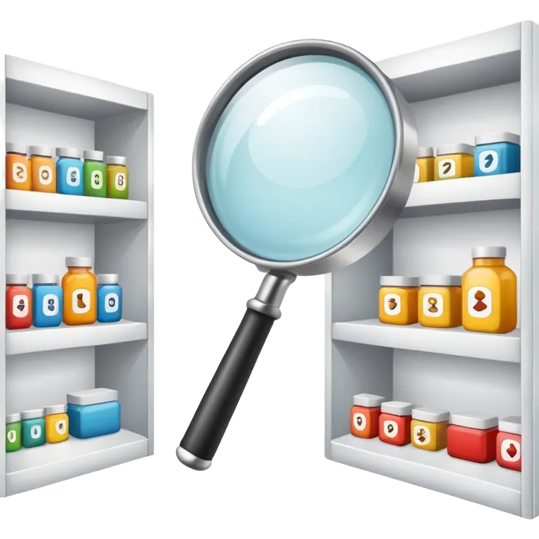 magnifying glass over product shelf searching for last item emoji