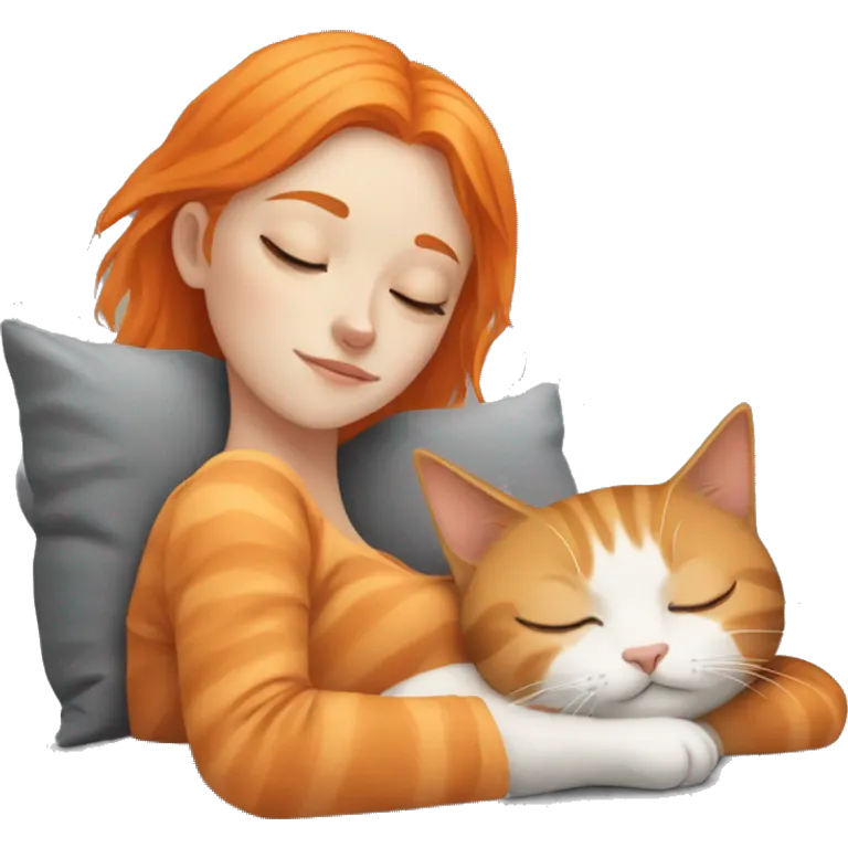 sleeping girl orange hair laying next to grey cat emoji