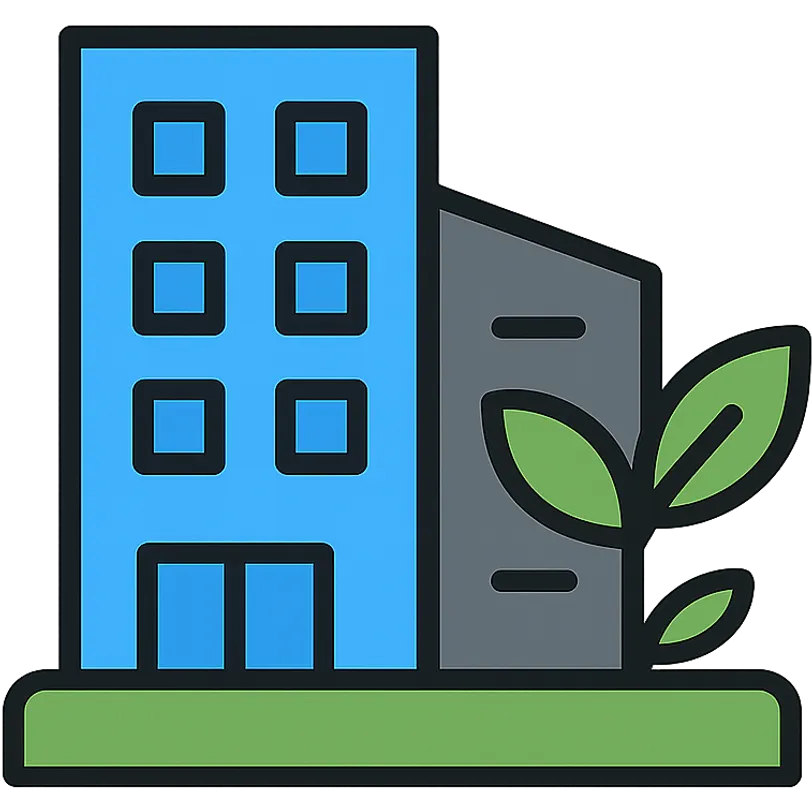 Modern building silhouette with integrated green elements, representing elegant corporate environmental integration emoji