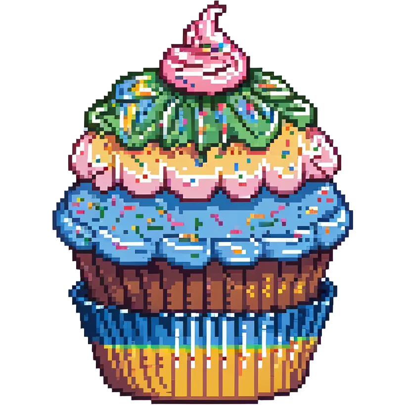 large cupcake with pink frosting, rainbow sprinkles, blue cupcake wrapper, pixel art style emoji