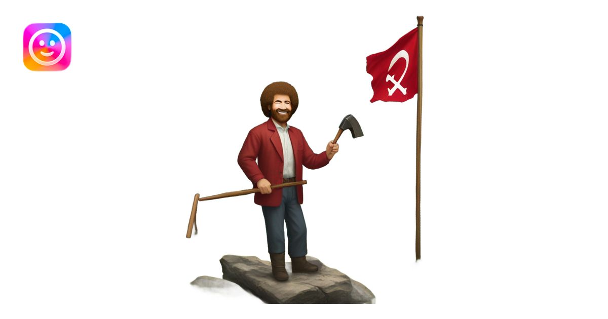 bob ross painting with a background of a hammer and sickle red flag ...