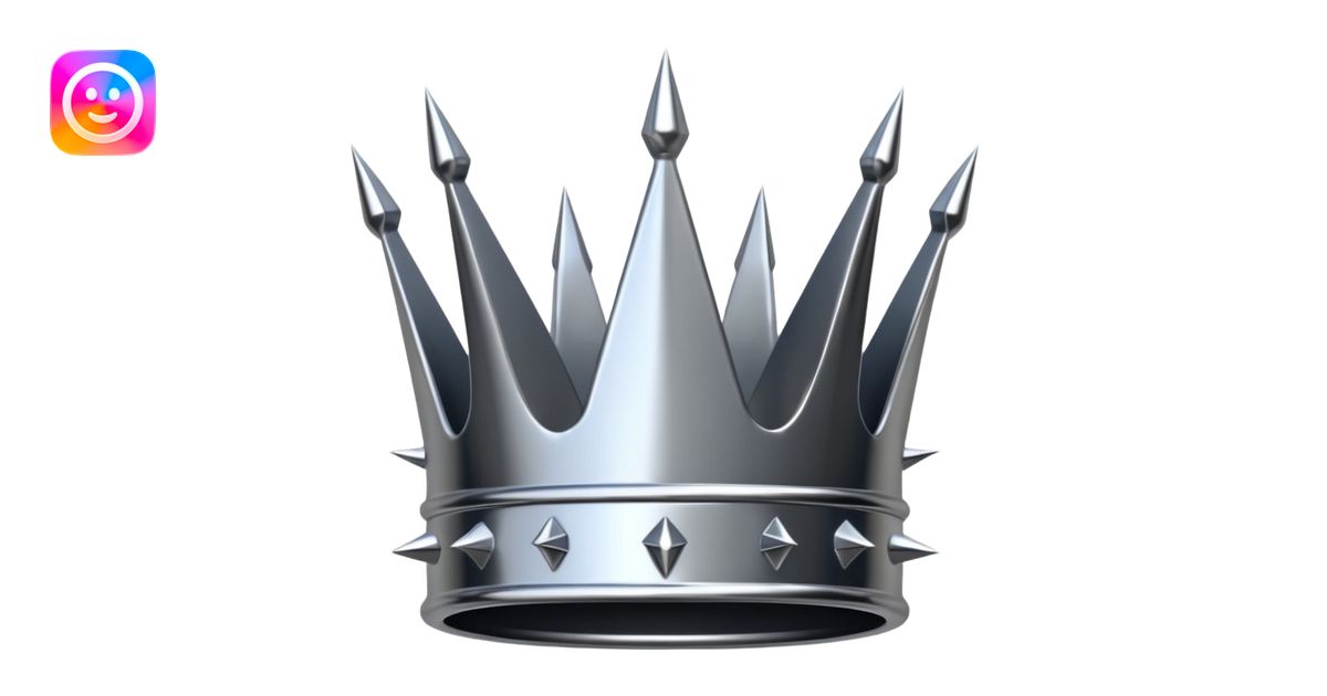 A spiked crown emoji made of silver chrome, sharp yet rounded metallic ...