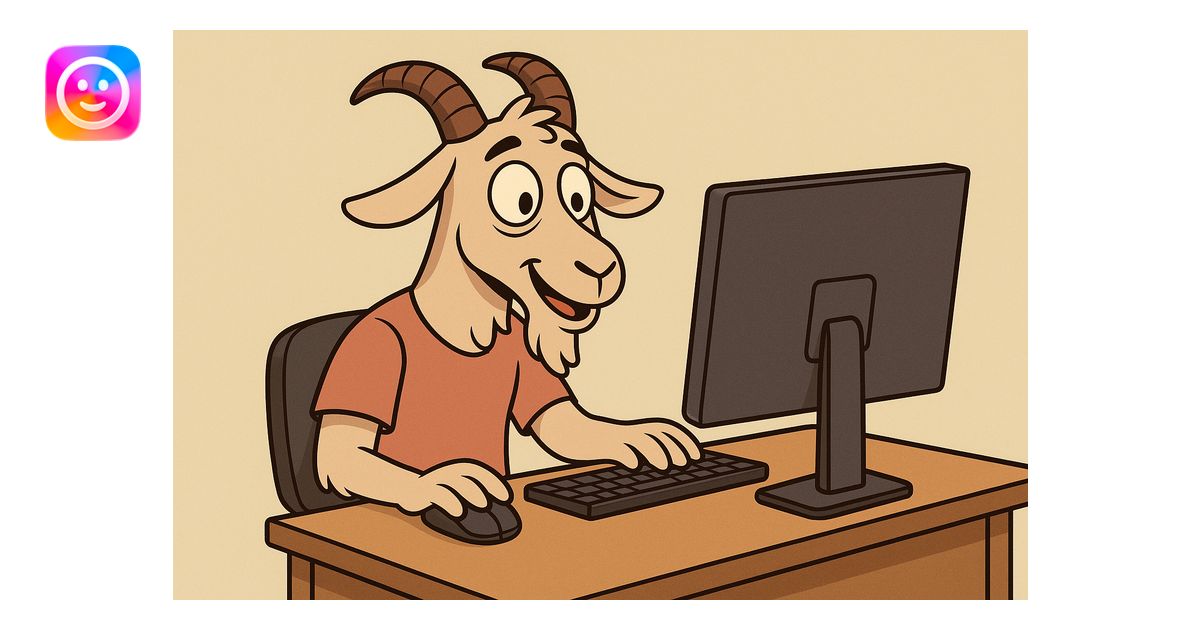 cartoon style goat sitting at a computer, friendly and simple colors ...
