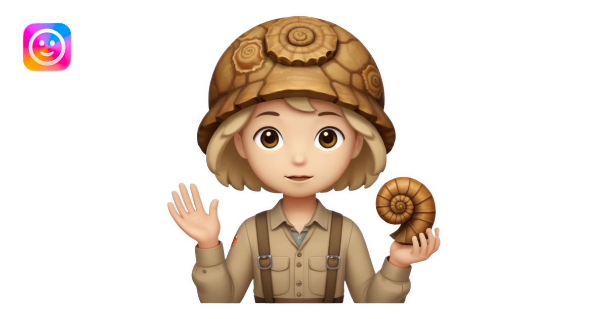 Shelly has a small, chibi-style body with a large ammonite-shaped head ...