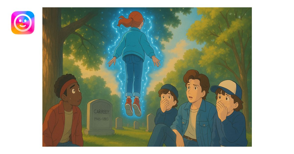 Max from Stranger Things levitating above a grave in a cemetery, back ...