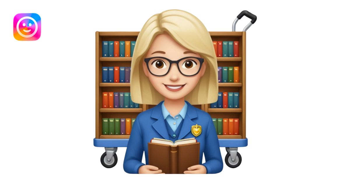 Librarian - book cart, badge emoji | AI Emoji Generator