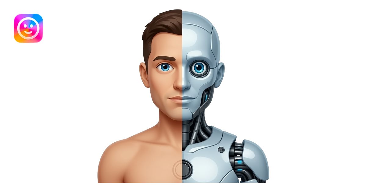 emoji of a man face, half human, half robot. body as well half human ...