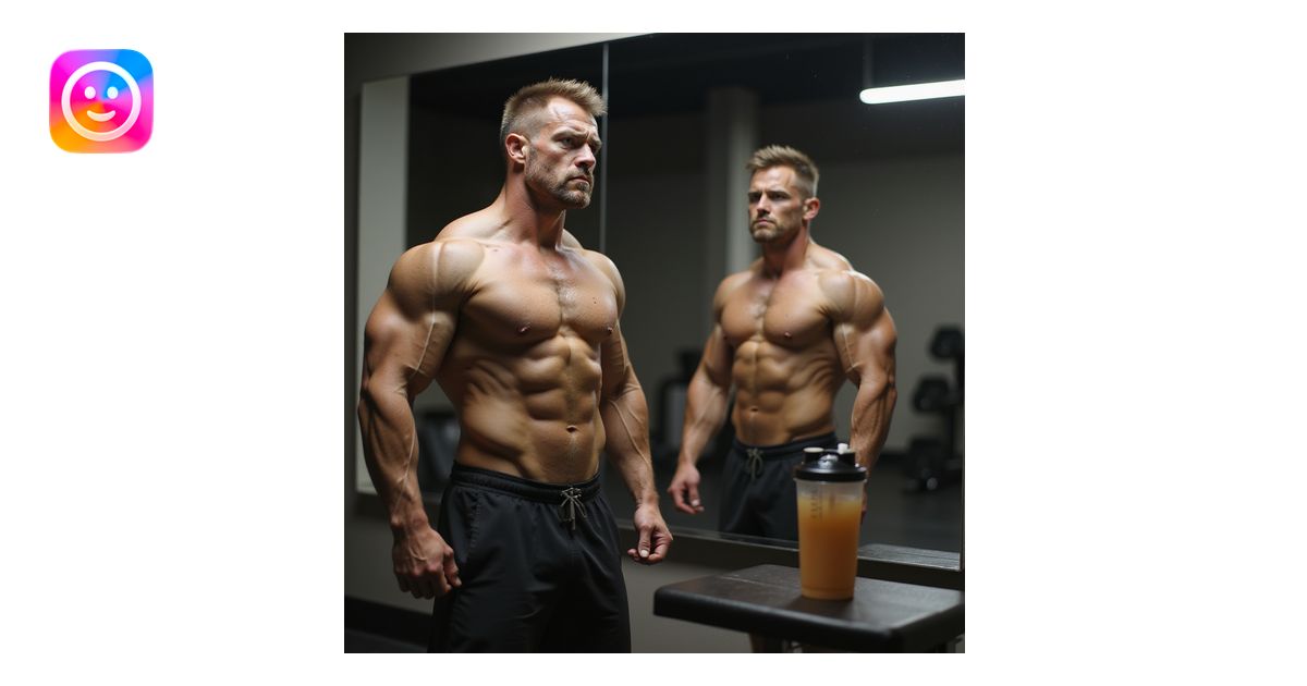 realistic male bodybuilder in definition phase, shirtless in front of ...