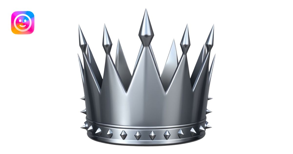 A spiked crown emoji made of silver chrome, sharp yet rounded metallic ...