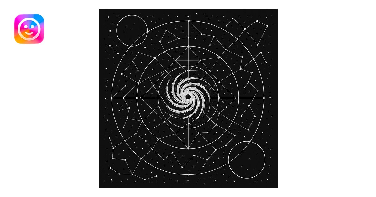 a design for an decorative black and white star map, showing linework ...