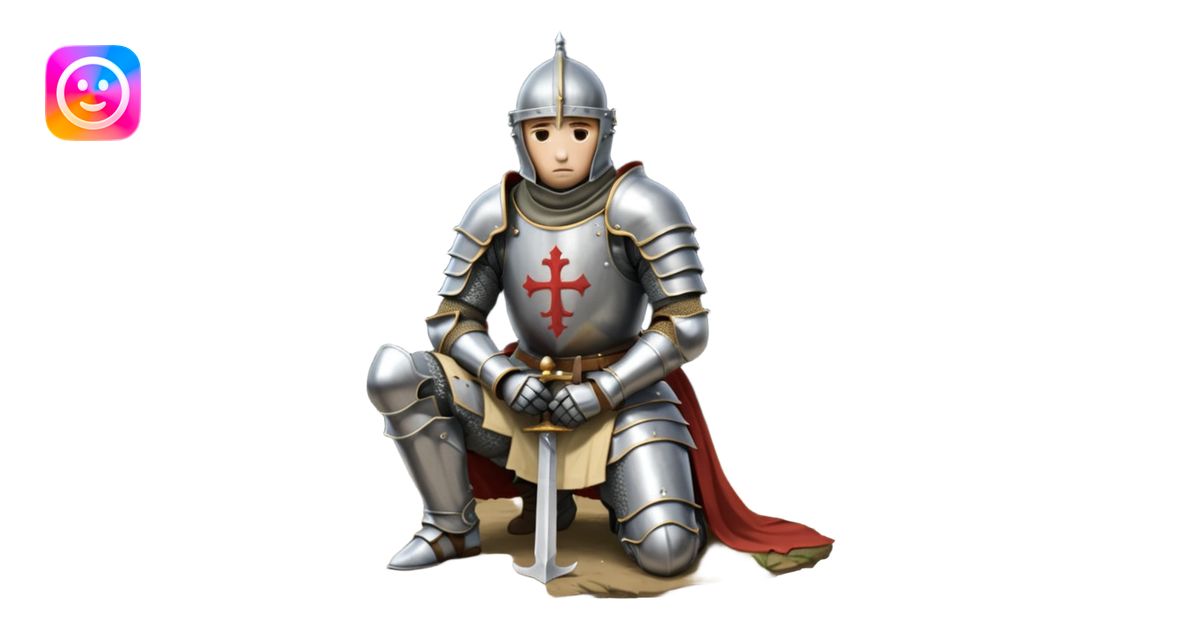A lone medieval knight in plate, worn armor kneels. His helmet is ...