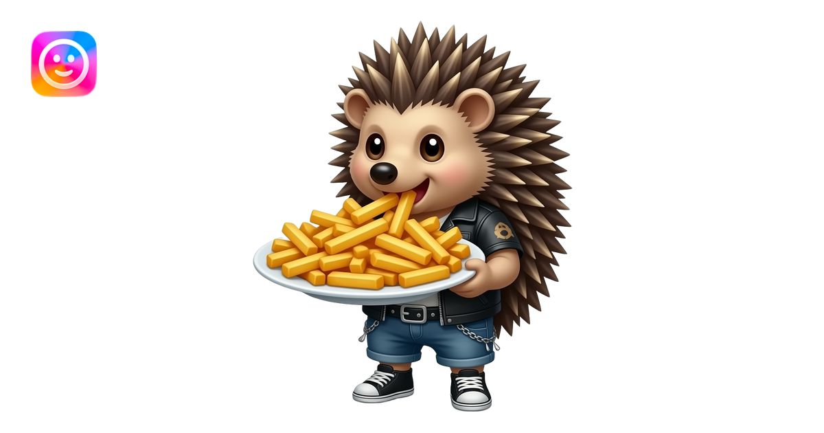punk Hedgehog wearing cloth and eating big French Fries emoji | AI ...