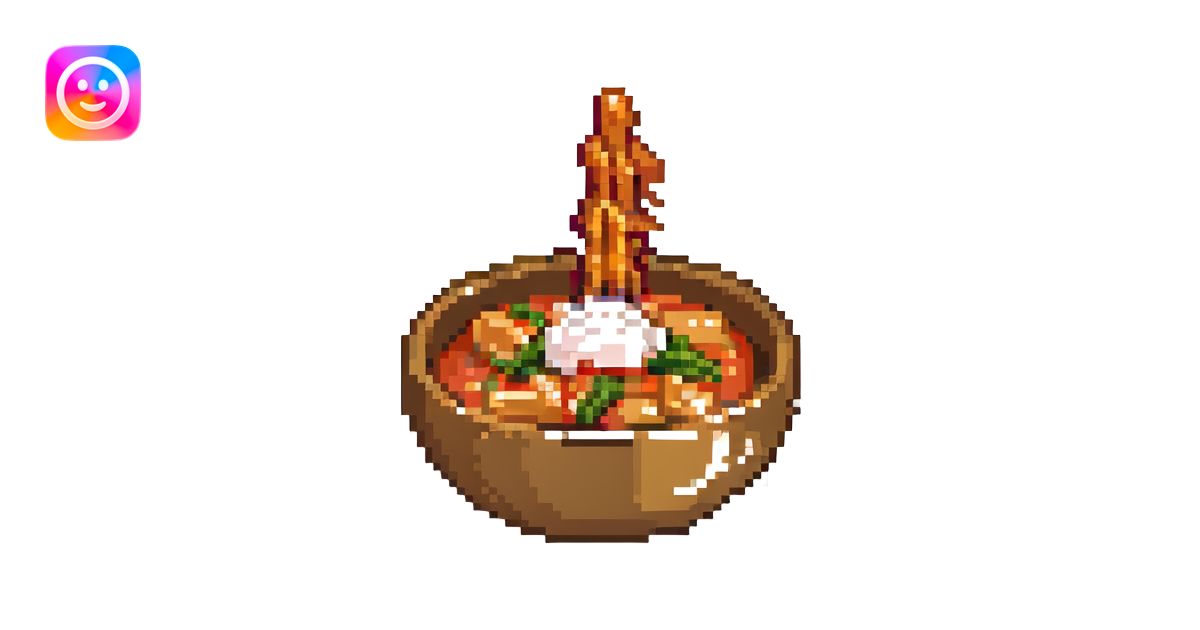 tteokbokki, spicy Korean rice cakes, pixel art, small bowl, steam, cute ...